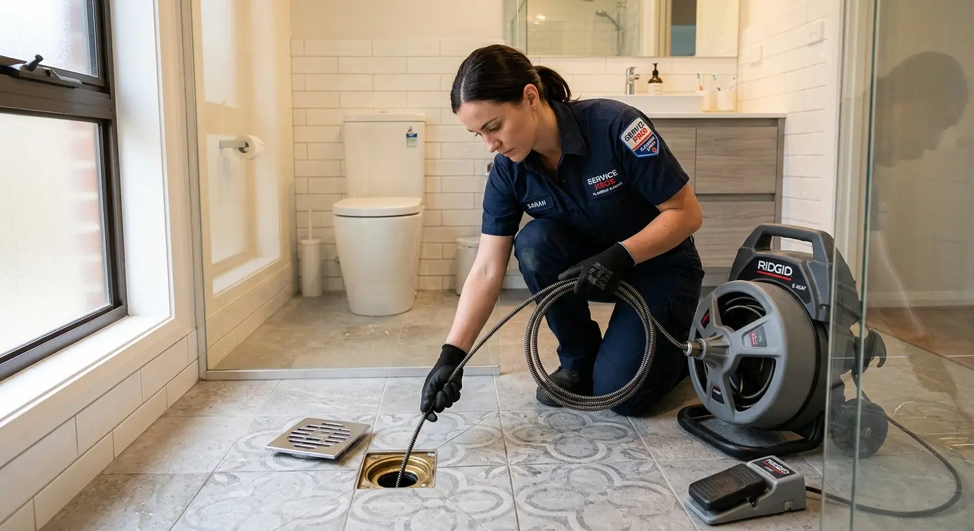 Technician clearing a bathroom floor drain for Sewer Line Replacement in Alton